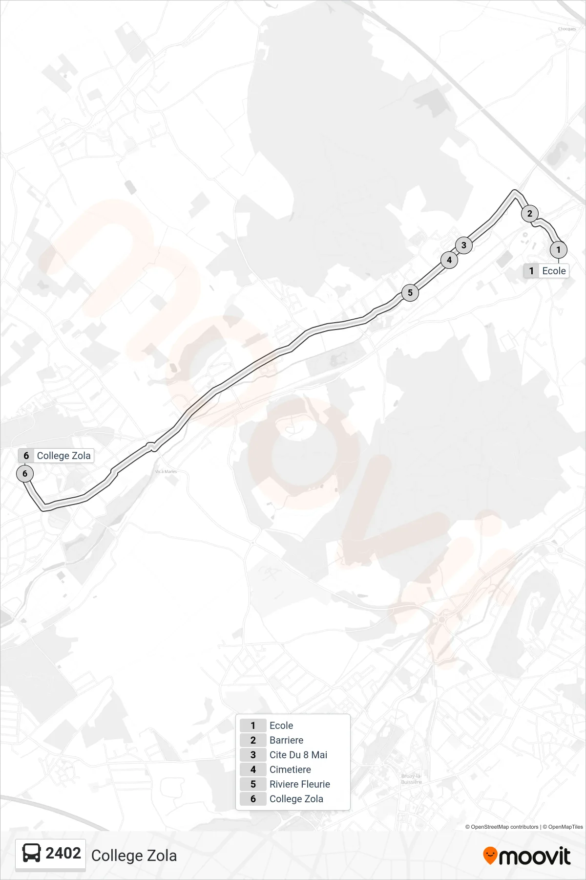 Tracé et arrêts de la ligne 2402 de bus (College Zola) sur une carte