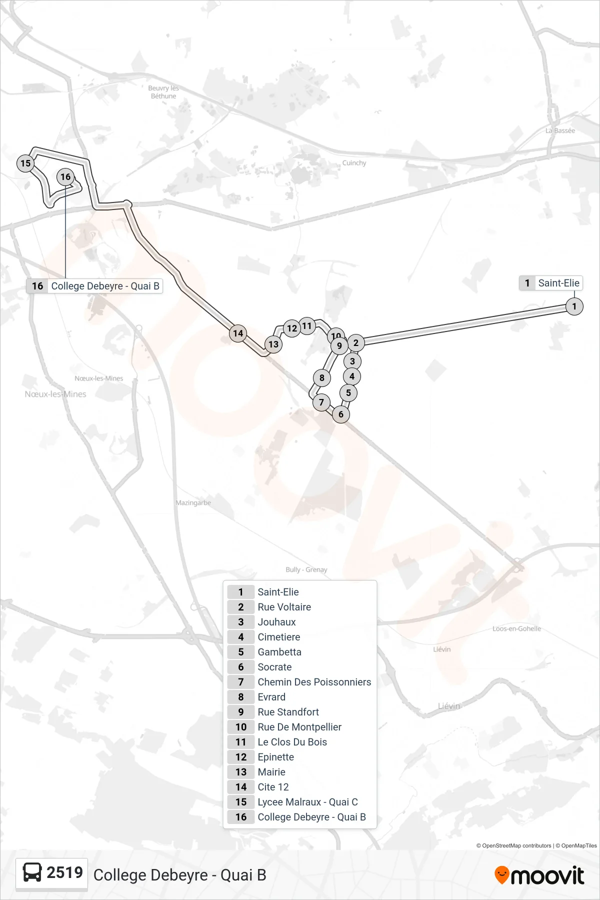 Tracé et arrêts de la ligne 2519 de bus (College Debeyre - Quai B) sur une carte