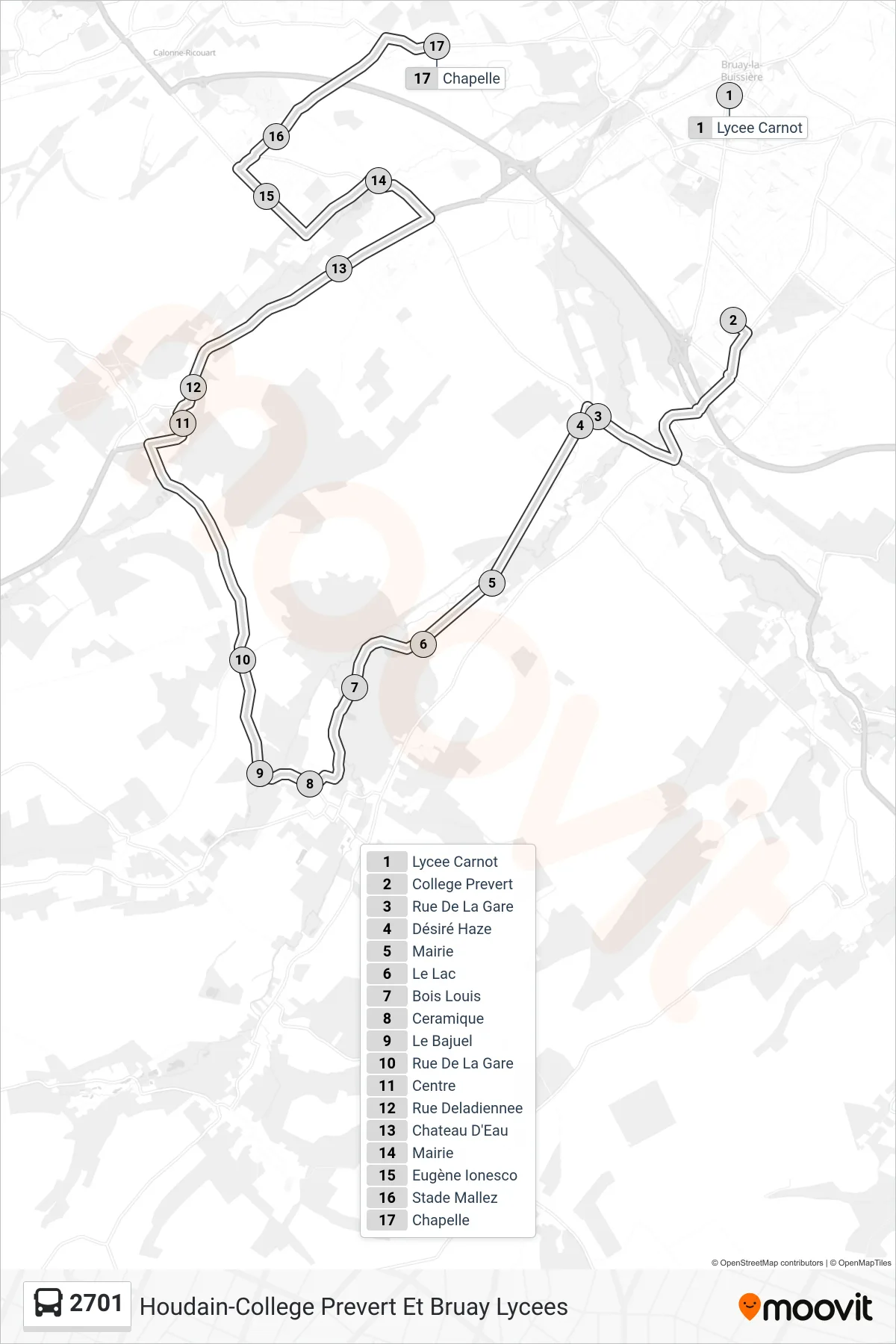 2701 bus Line (Chapelle) route and stops on a map