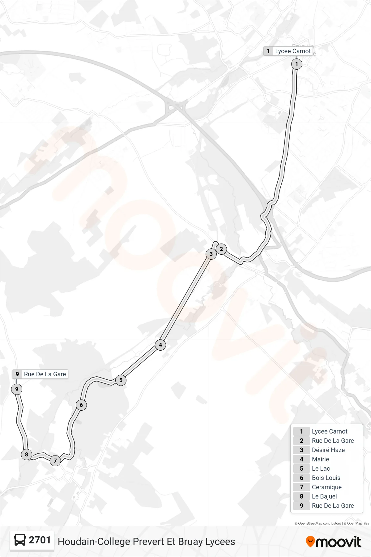 Tracé et arrêts de la ligne 2701 de bus (Rue De La Gare) sur une carte