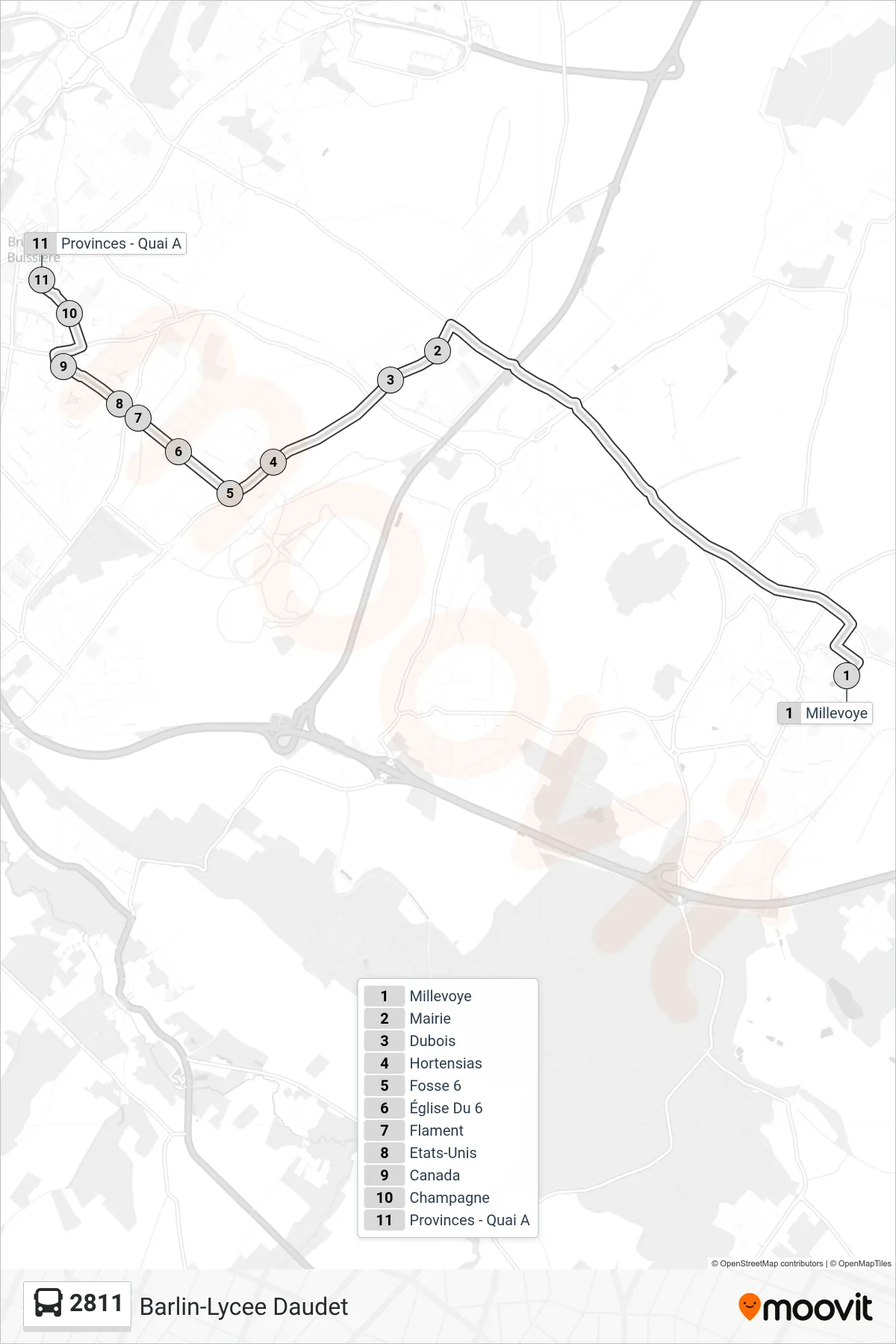 Tracé et arrêts de la ligne 2811 de bus (Provinces - Quai A) sur une carte