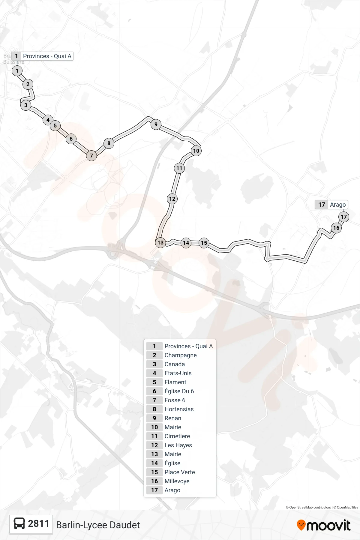 2811 bus Line (Arago) route and stops on a map
