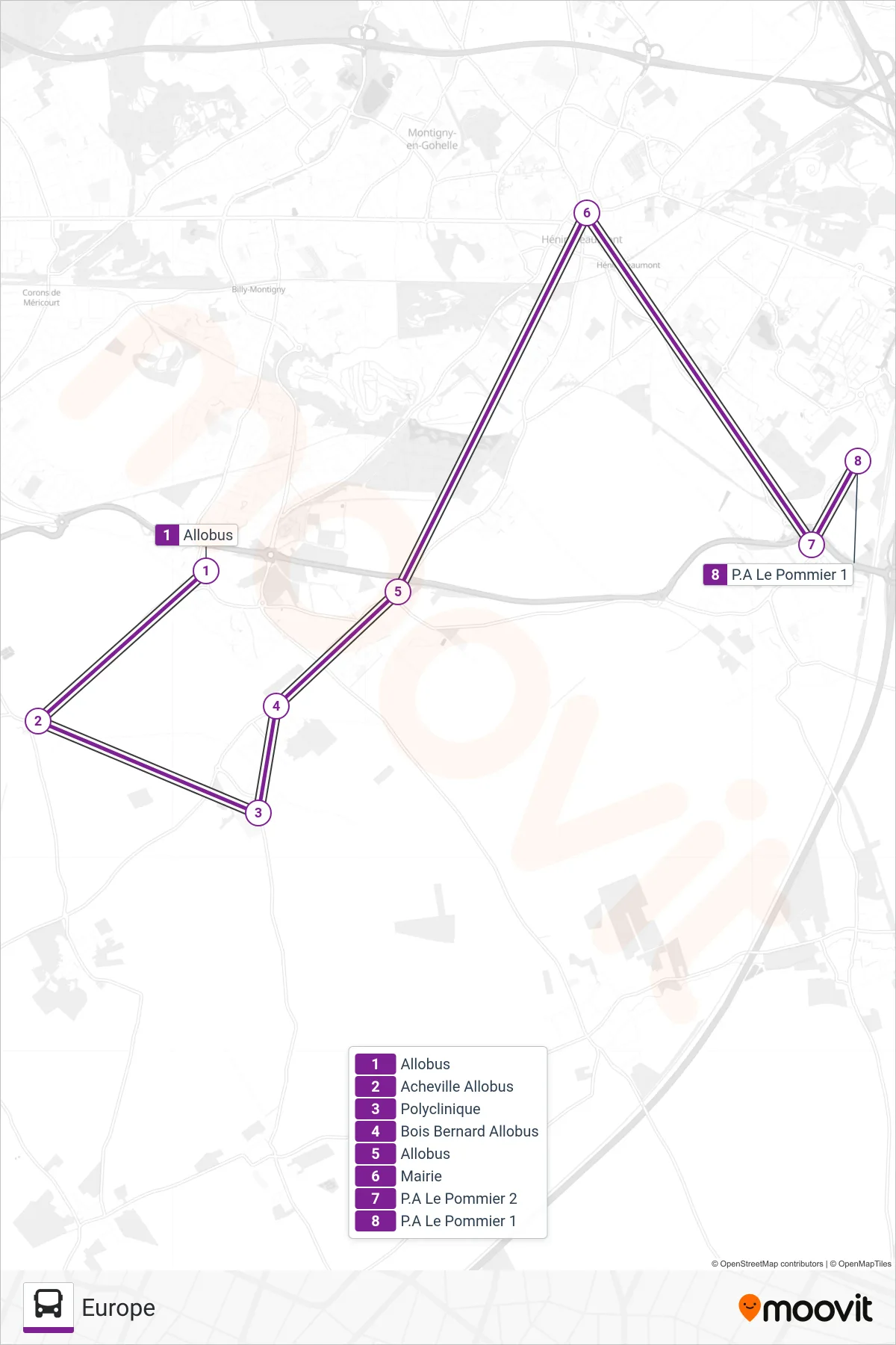ALLOBUSE bus Line (Europe) route and stops on a map