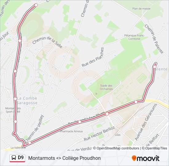 Plan de la ligne D9 de bus