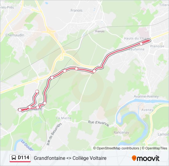 Plan de la ligne D114 de bus