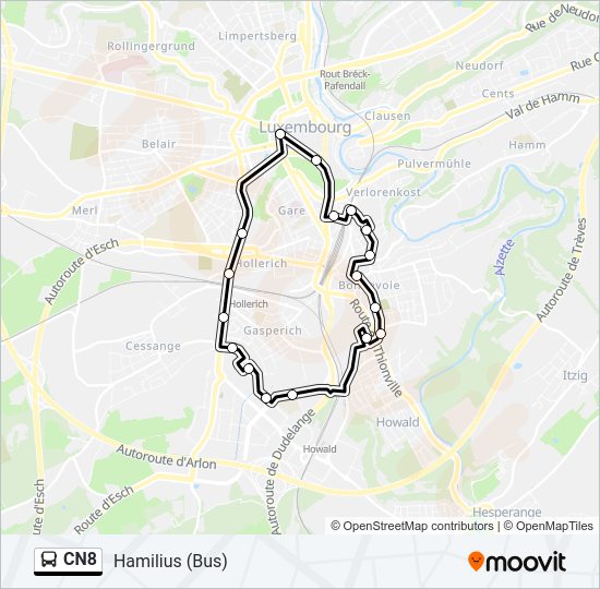 Plan de la ligne CN8 de bus