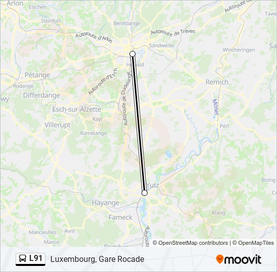 Plan de la ligne L91 de bus