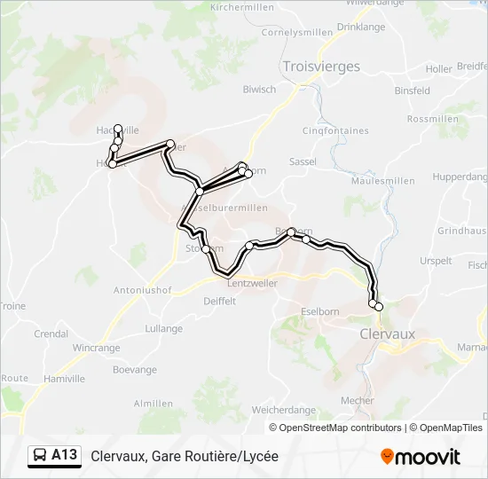 A13 Map A13 Route: Schedules, Stops & Maps - Clervaux, Gare Routière/Lycée ...