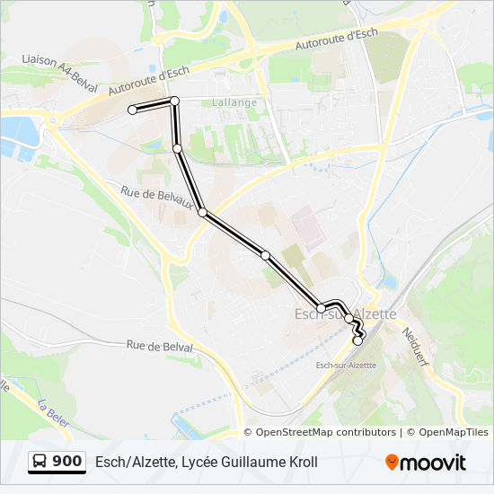 Bus 900 Route Map 900 Route: Schedules, Stops & Maps - Esch/Alzette, Lycée Guillaume Kroll  (Updated)