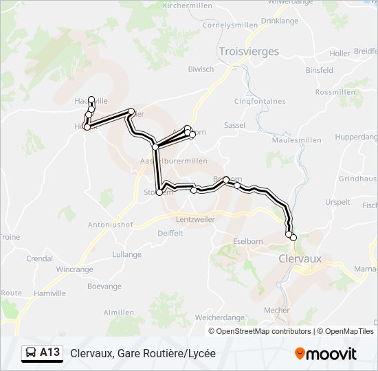 Plan de la ligne A13 de bus