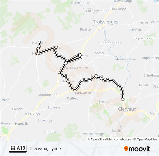 Plan de la ligne A13 de bus