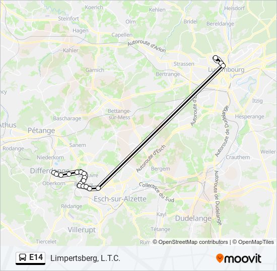 Plan de la ligne E14 de bus