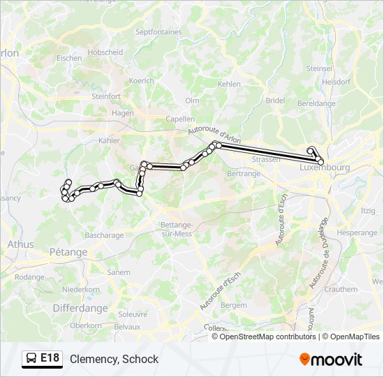 Plan de la ligne E18 de bus