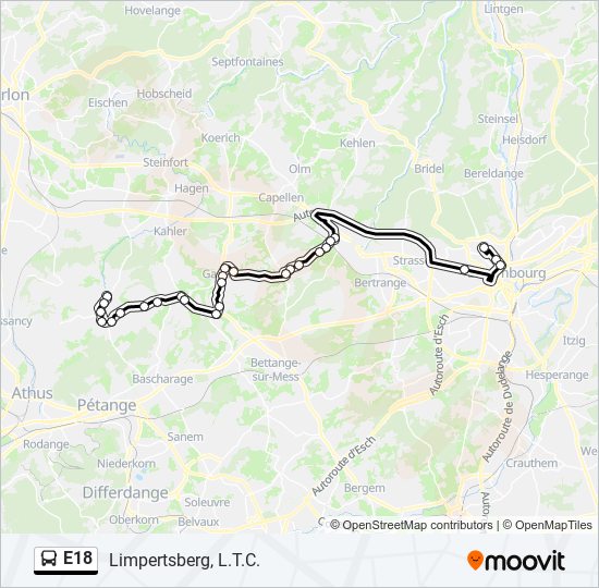 Plan de la ligne E18 de bus