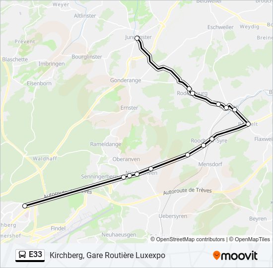 Plan de la ligne E33 de bus