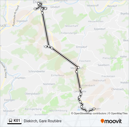 Plan de la ligne K01 de bus