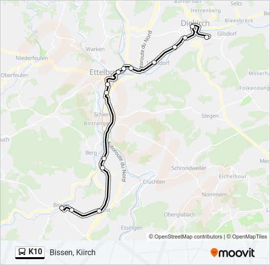 Plan de la ligne K10 de bus