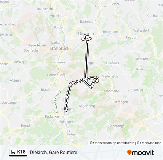 Plan de la ligne K18 de bus