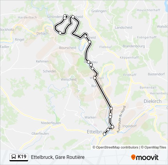 Plan de la ligne K19 de bus