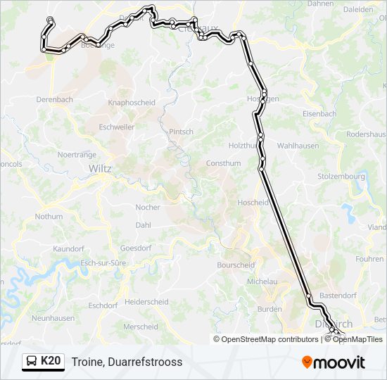 Plan de la ligne K20 de bus