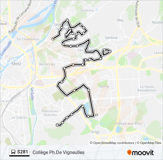 Plan de la ligne S281 de bus