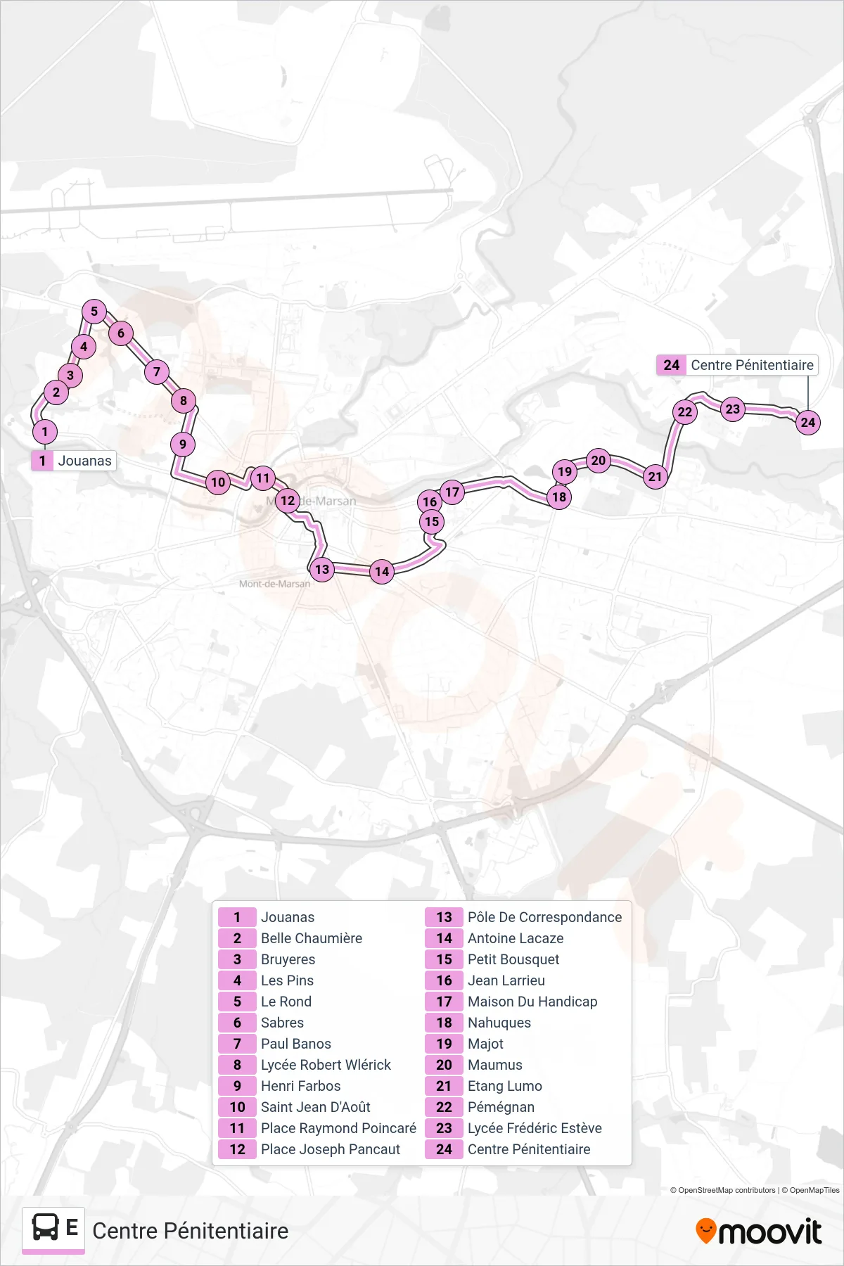 Tracé et arrêts de la ligne E de bus (Centre Pénitentiaire) sur une carte