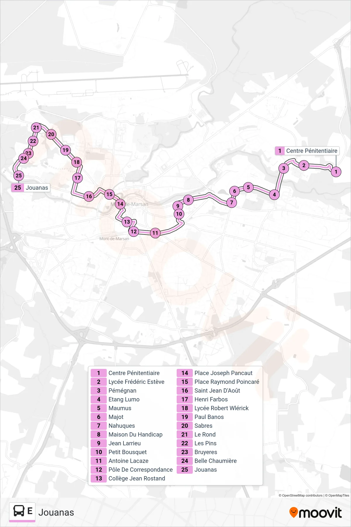 E bus Line (Jouanas) route and stops on a map