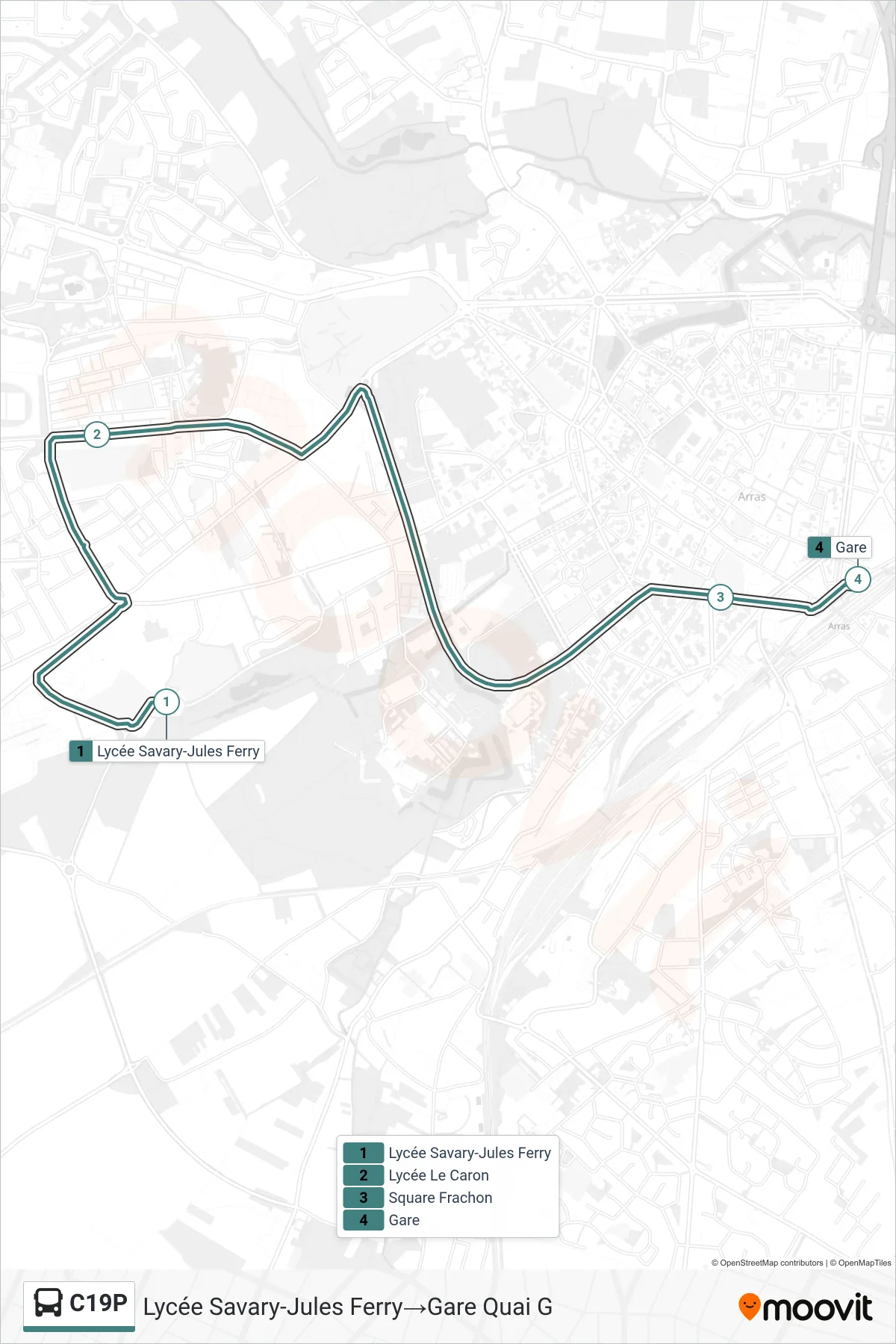 Tracé et arrêts de la ligne C19P de bus (Lycée Savary-Jules Ferry→Gare Quai G) sur une carte