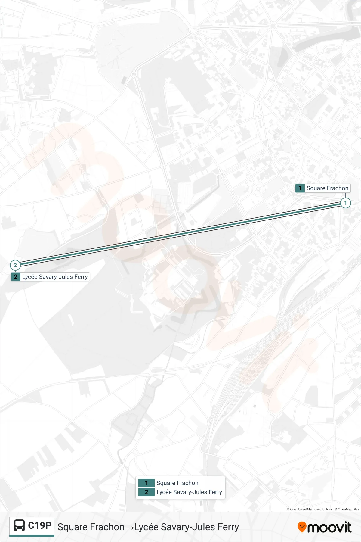 Tracé et arrêts de la ligne C19P de bus (Square Frachon‎→Lycée Savary-Jules Ferry) sur une carte