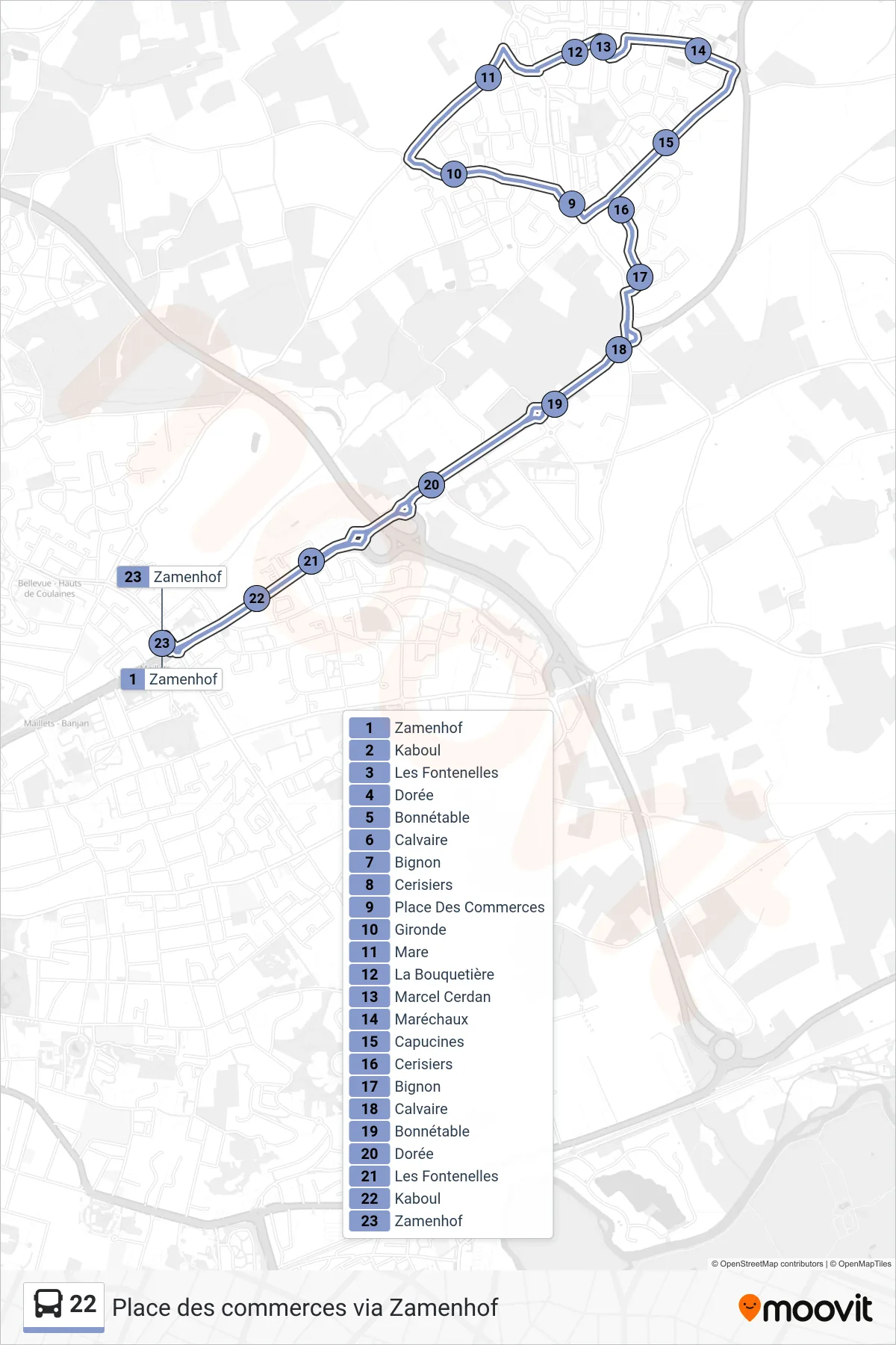 Tracé et arrêts de la ligne 22 de bus (Zam Pdc Zam) sur une carte