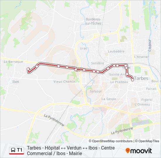 Plan de la ligne T1 de bus