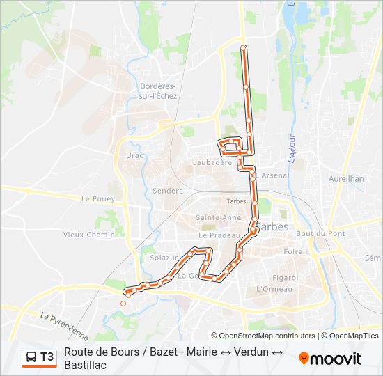 Plan de la ligne T3 de bus