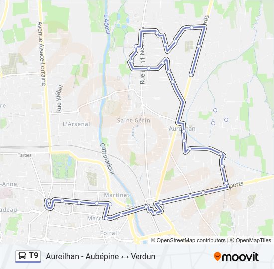 Plan de la ligne T9 de bus