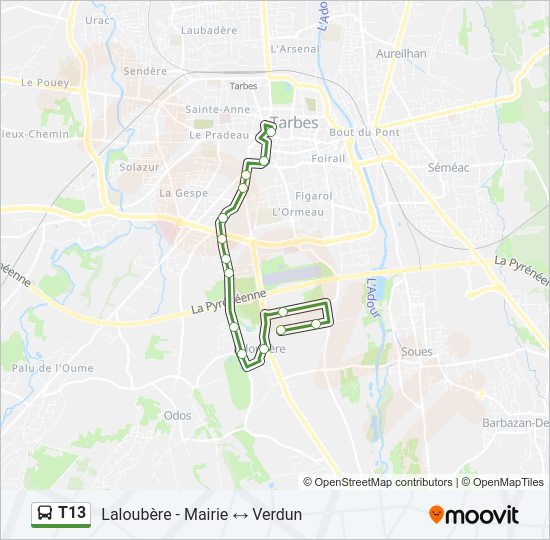 Plan de la ligne T13 de bus