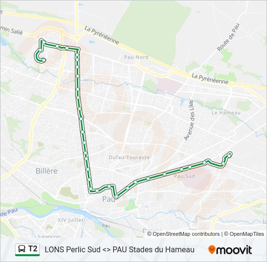 Plan de la ligne T2 de bus