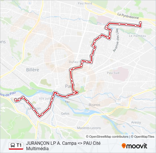 Plan de la ligne T1 de bus