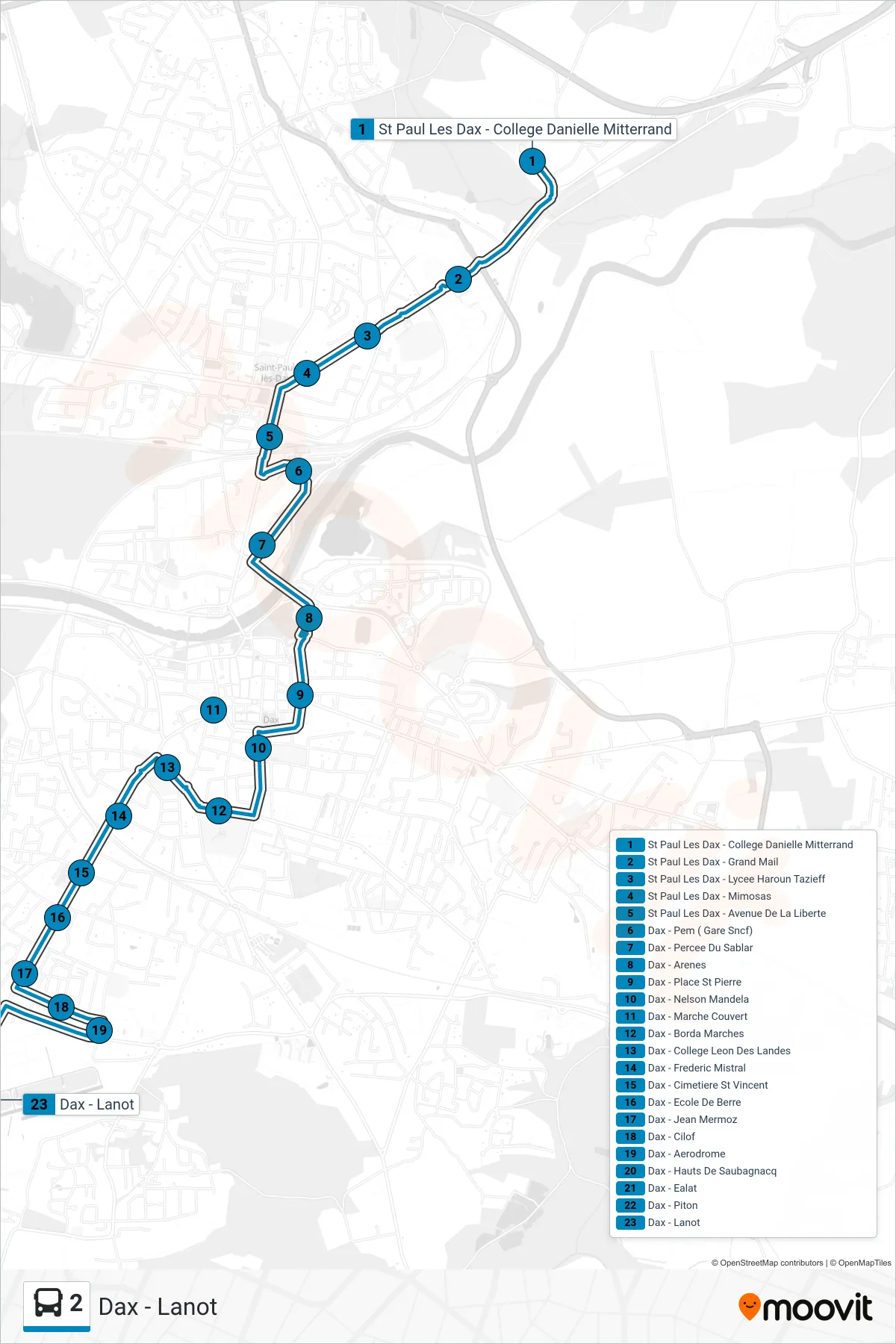 2 bus Line (Dax - Lanot) route and stops on a map