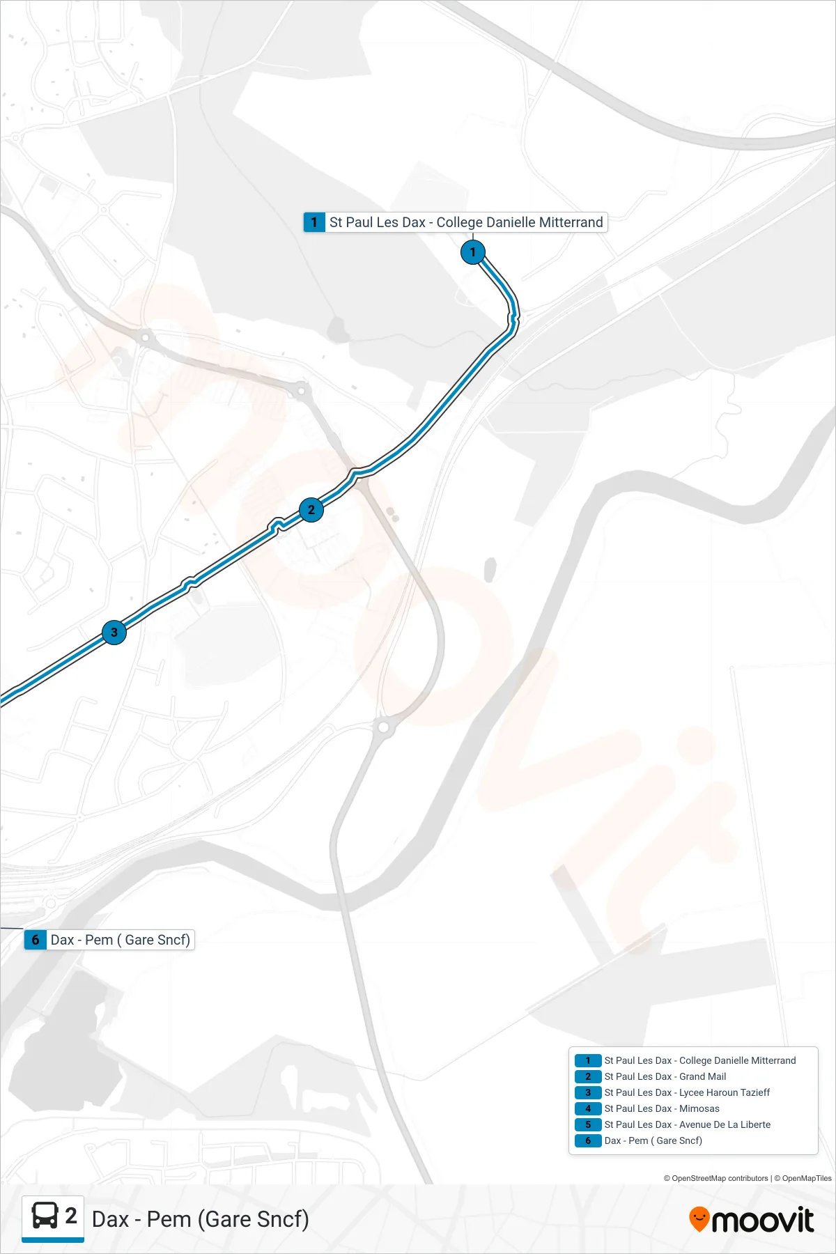 2 bus Line (Dax - Pem (Gare Sncf)) route and stops on a map