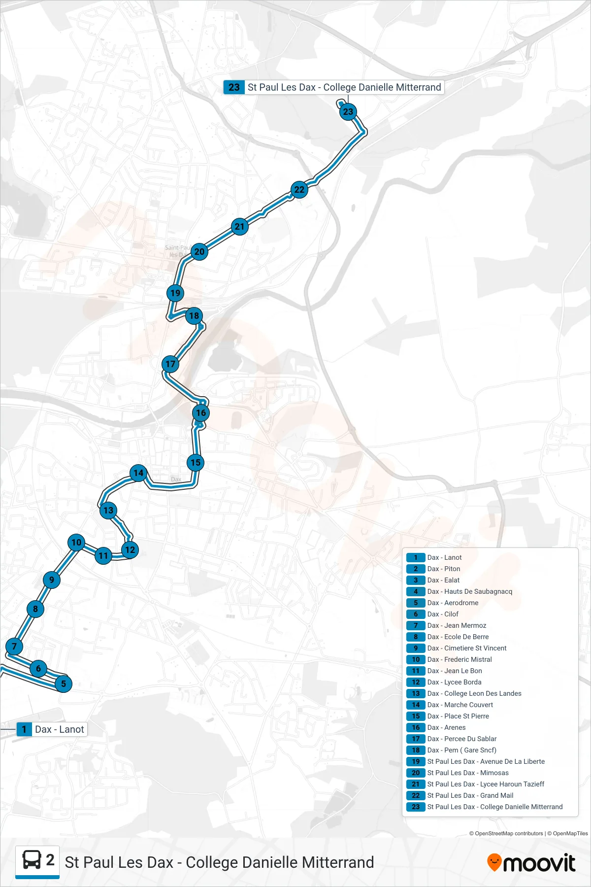 Tracé et arrêts de la ligne 2 de bus (St Paul Les Dax - College Danielle Mitterrand) sur une carte