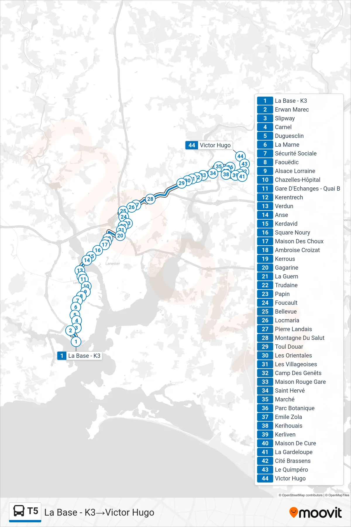 T5 bus Line (La Base - K3→Victor Hugo) route and stops on a map