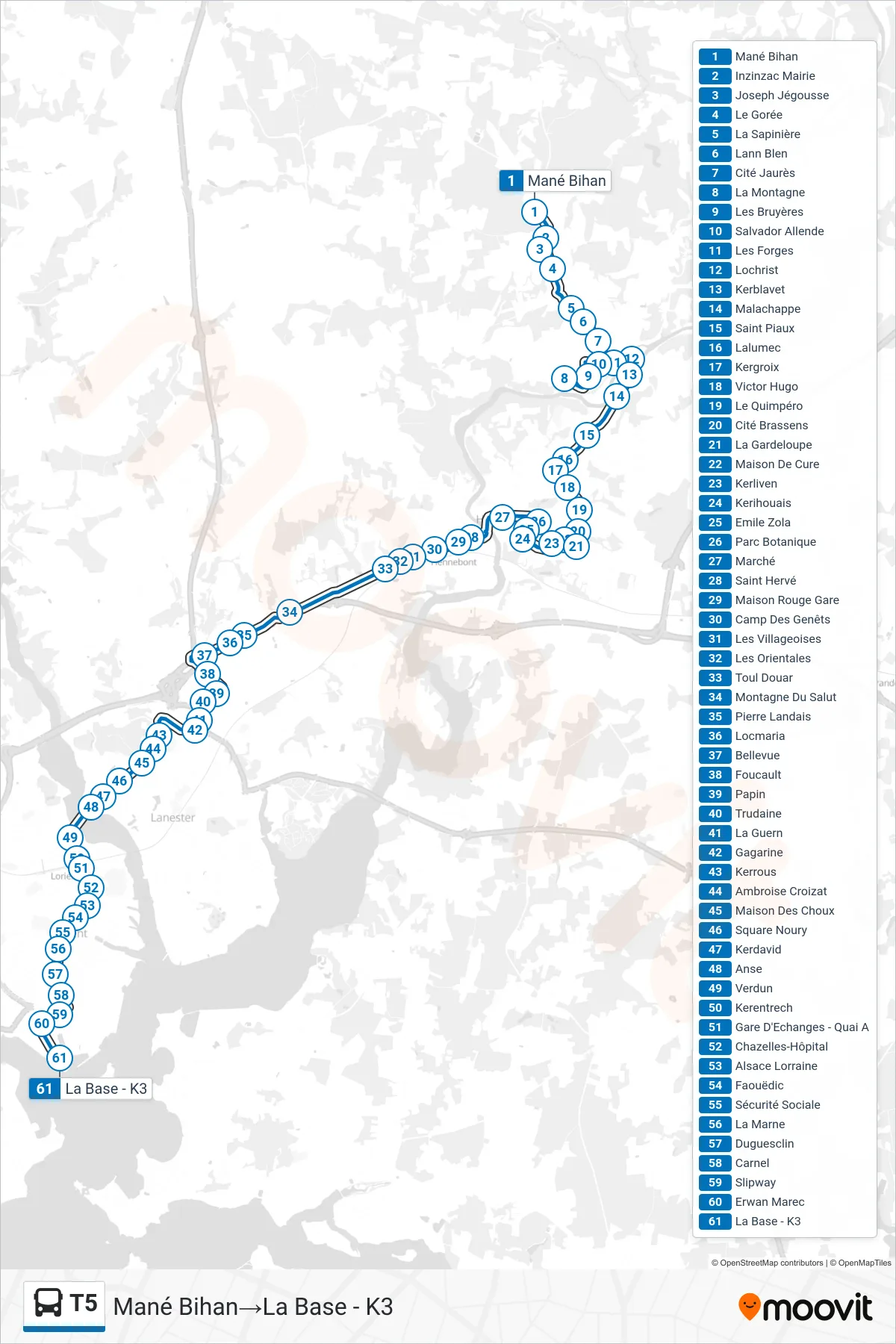 T5 bus Line (Mané Bihan→La Base - K3) route and stops on a map