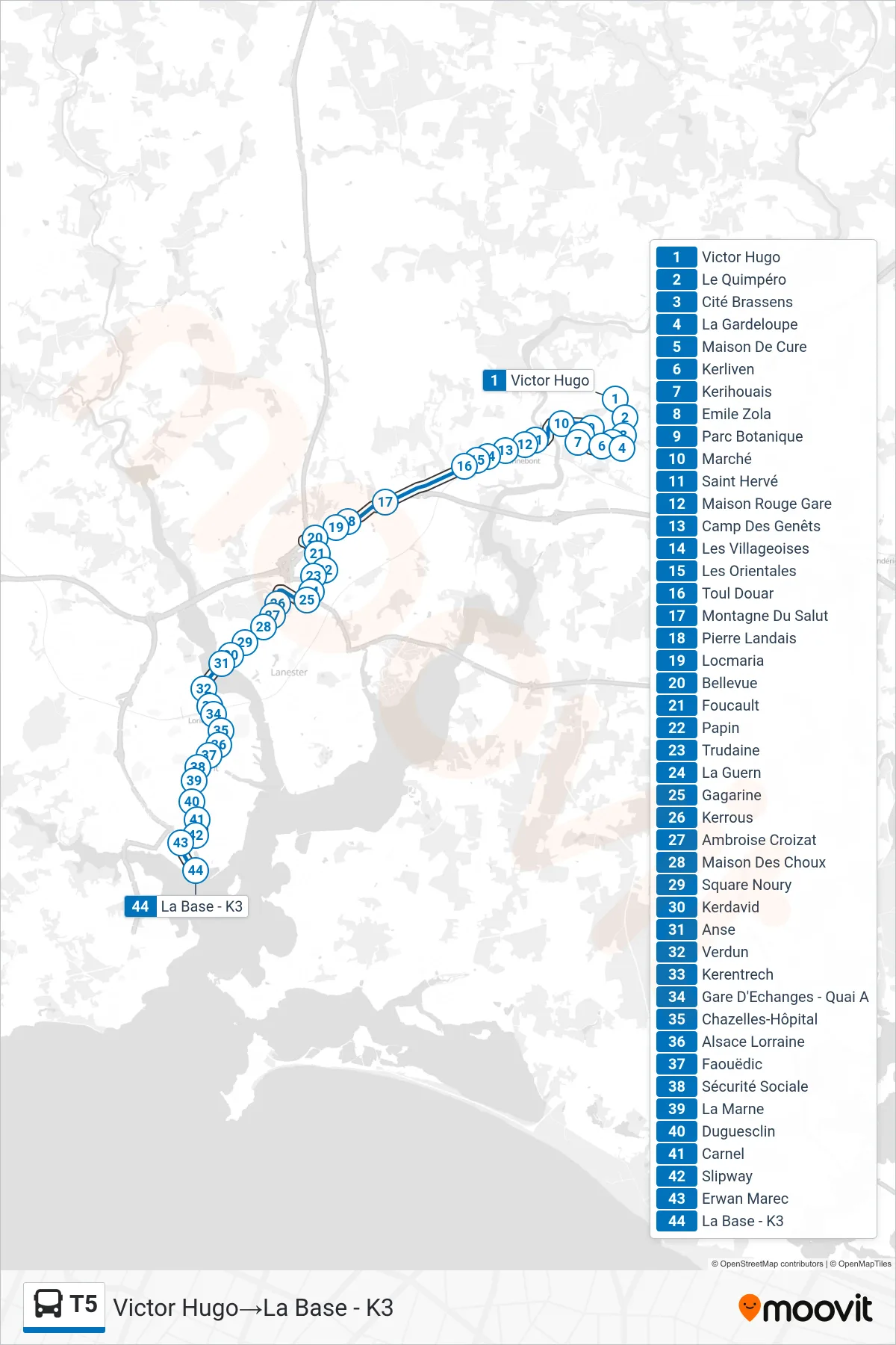 T5 bus Line (Victor Hugo→La Base - K3) route and stops on a map