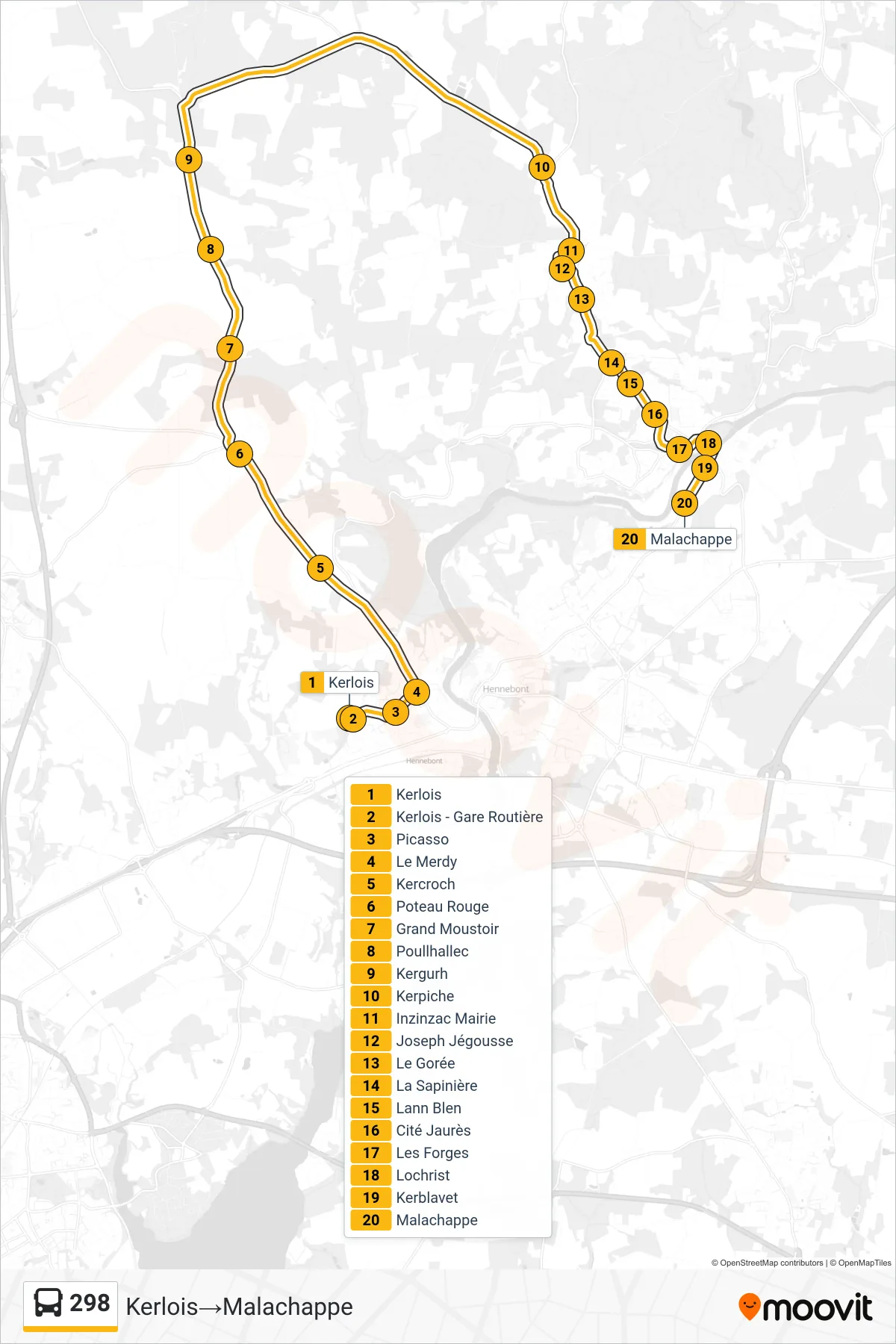 298 bus Line (Kerlois‎→Malachappe) route and stops on a map