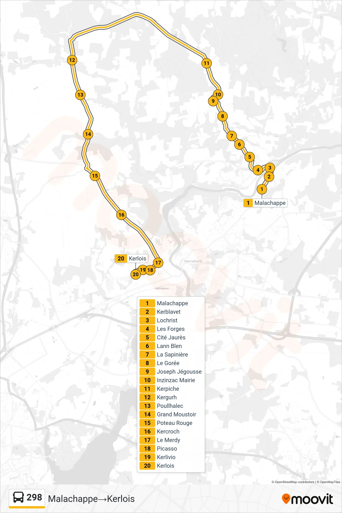 Tracé et arrêts de la ligne 298 de bus (Malachappe→Kerlois) sur une carte