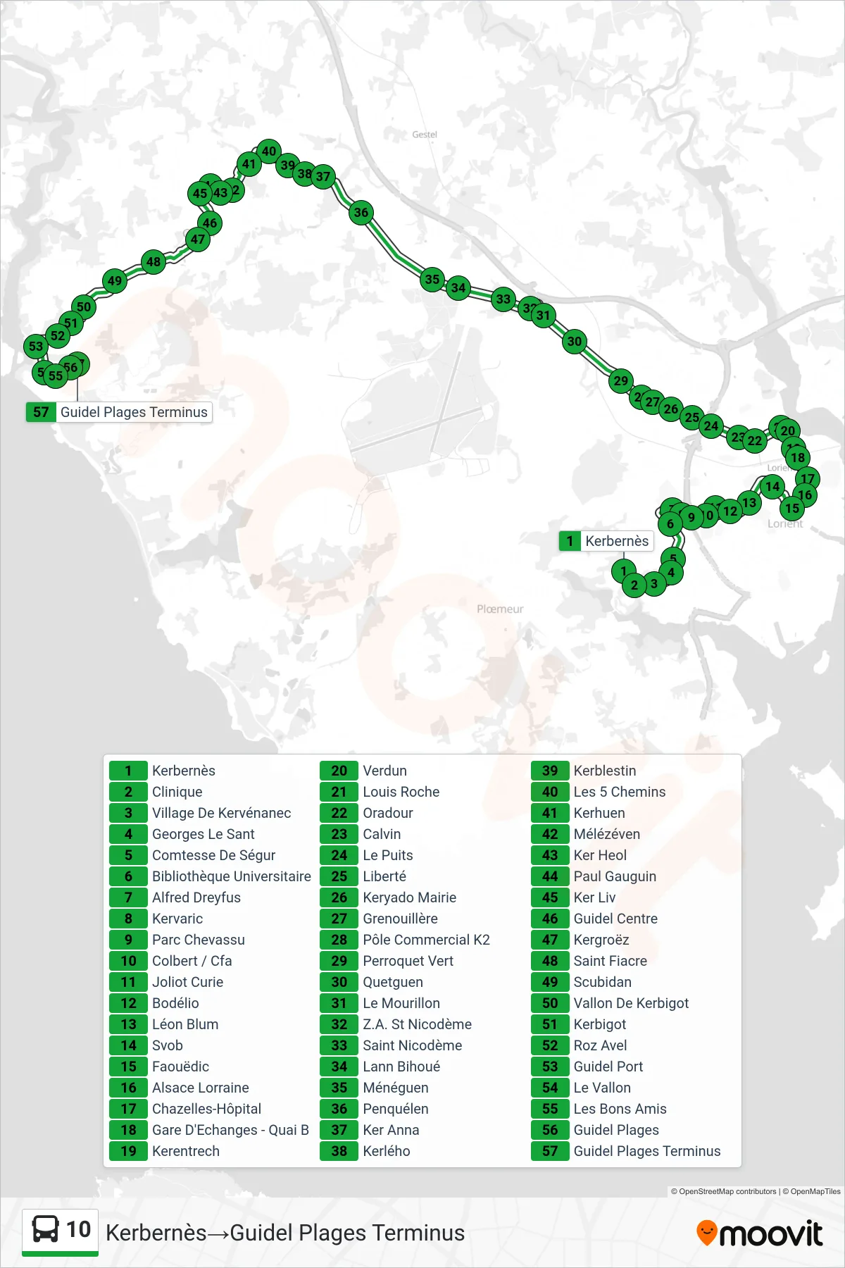 10 bus Line (Kerbernès‎→Guidel Plages Terminus) route and stops on a map