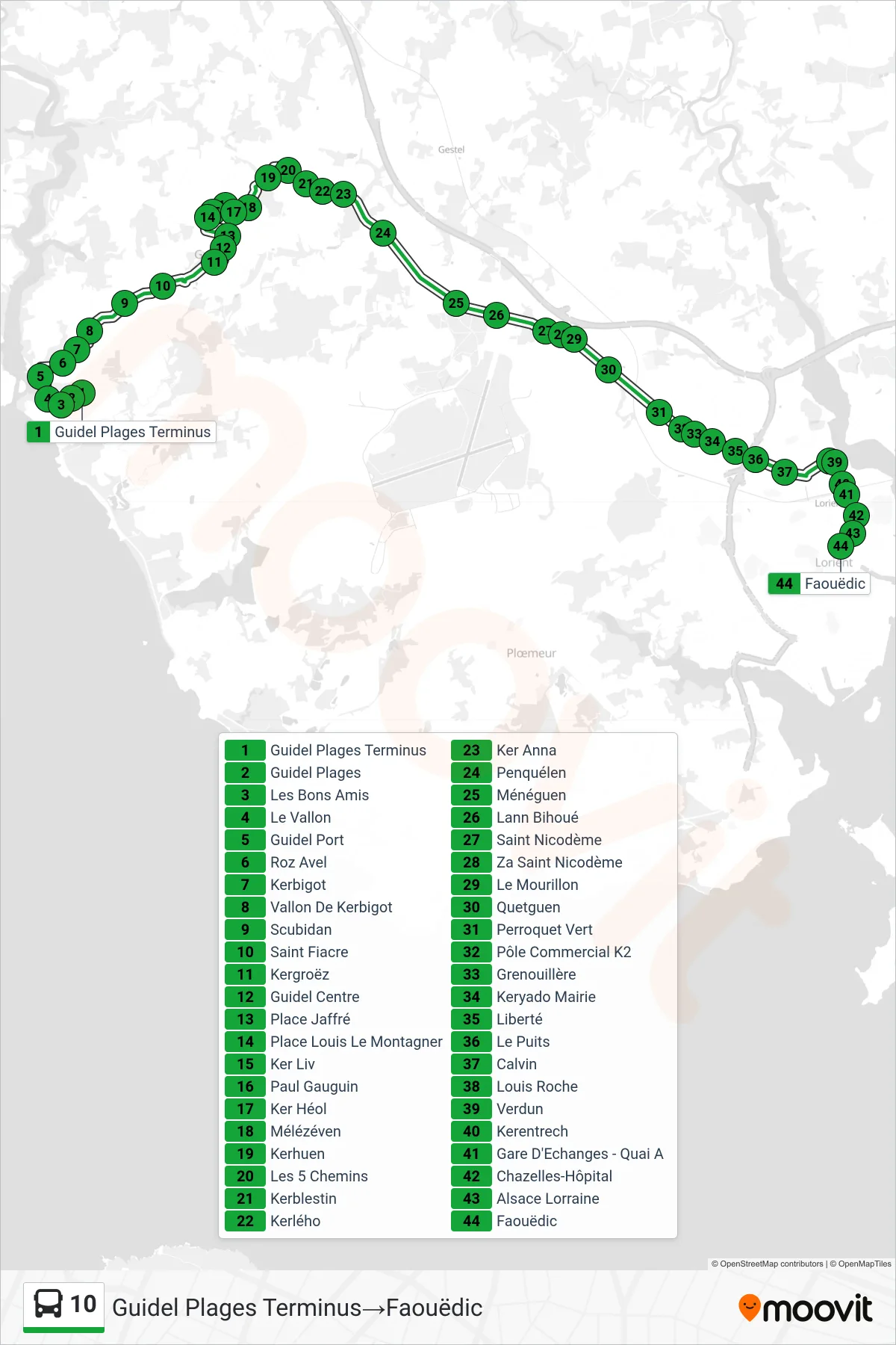 10 bus Line (Guidel Plages Terminus‎→Faouëdic) route and stops on a map