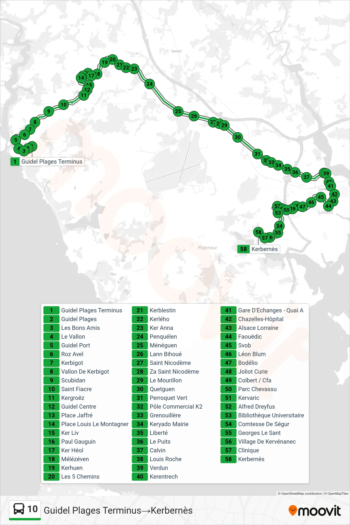 10 bus Line (Guidel Plages Terminus‎→Kerbernès) route and stops on a map