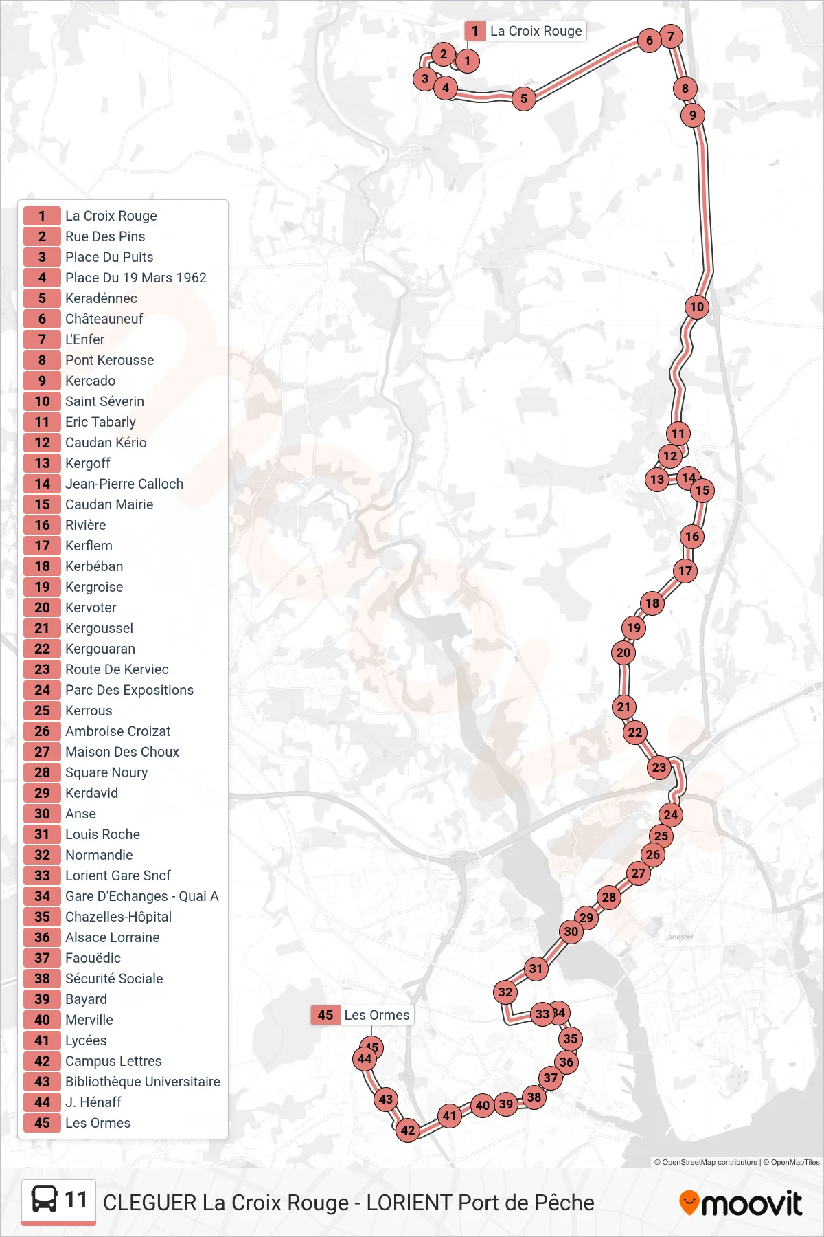 Tracé et arrêts de la ligne 11 de bus (La Croix Rouge‎→Les Ormes) sur une carte