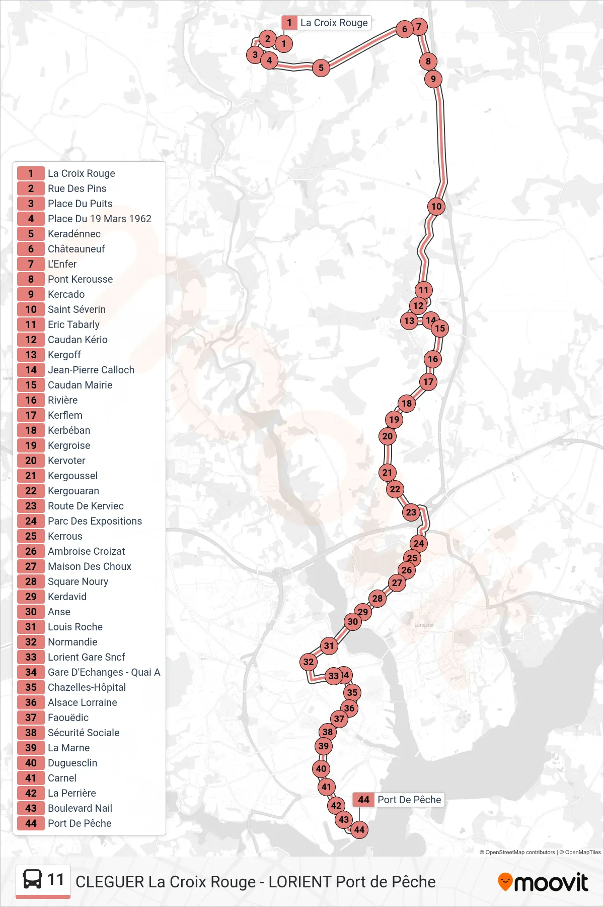 11 bus Line (La Croix Rouge→Port De Pêche) route and stops on a map
