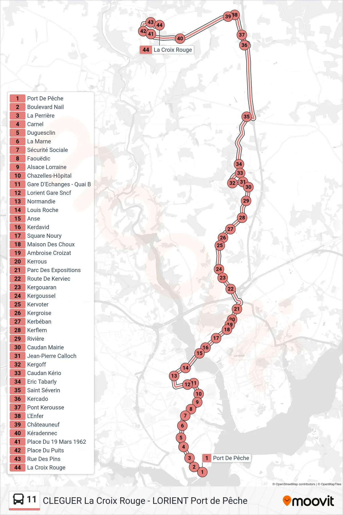 11 bus Line (Port De Pêche→La Croix Rouge) route and stops on a map